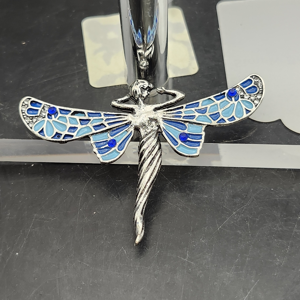 Vintage Fairy Dragonfly Pendant Blue Enamel Rhinestones Silvertone Metal NOS